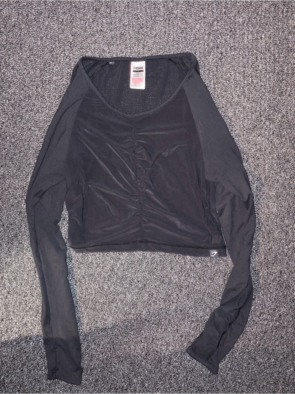 Gymshark Black Long-Sleeve Ruched Crop Top women’s LARGE / see through